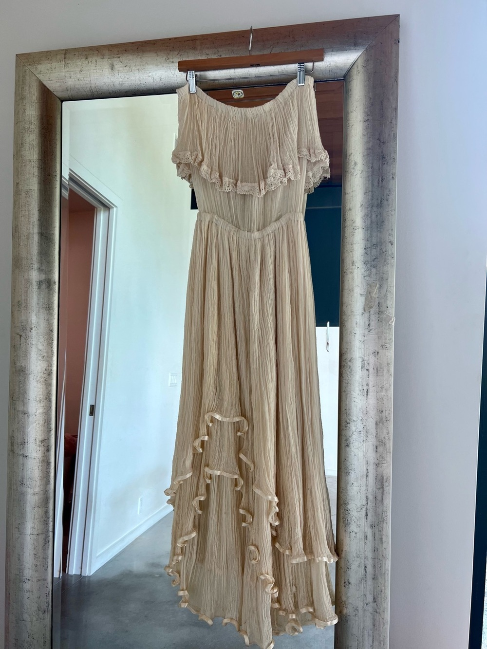 Jen's Pirate Booty Cream High-Low Ruffle Off-Shoulder Maxi Dress